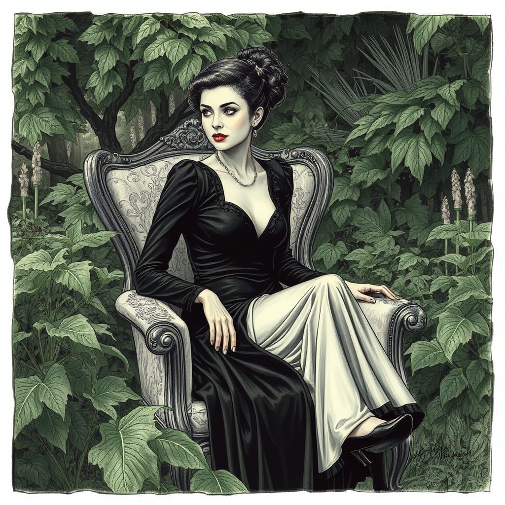 Elegant Woman in Armchair: Dreamlike Mixed Media Portrait