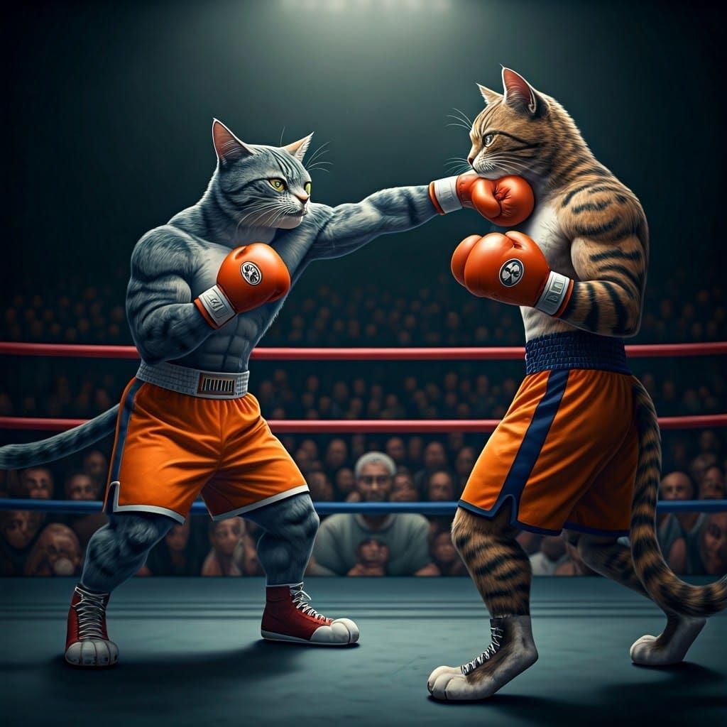 Anthropomorphic Cats Boxing in a Cinematic Film Still
