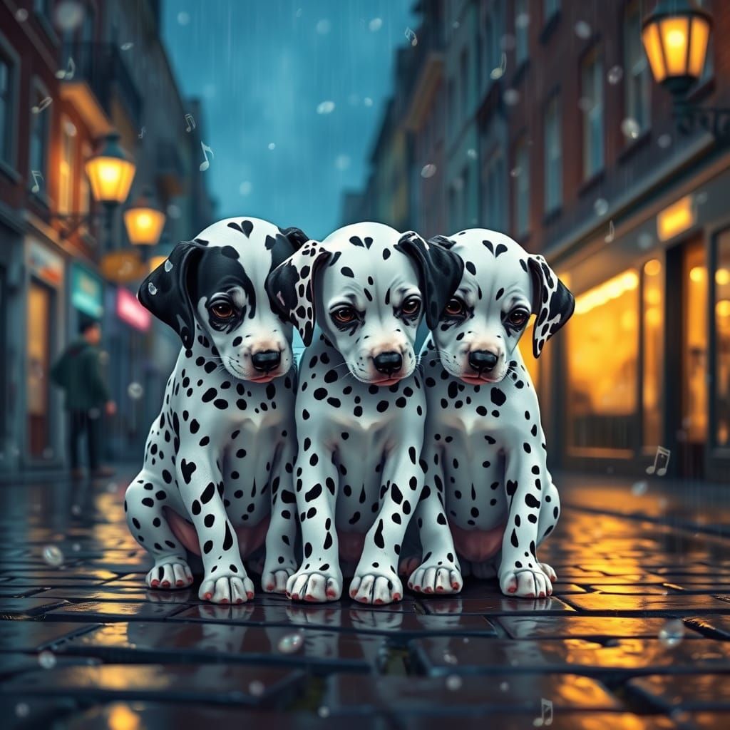 Whimsical Dalmatian Puppies in a Rainy Street Scene with Mus...