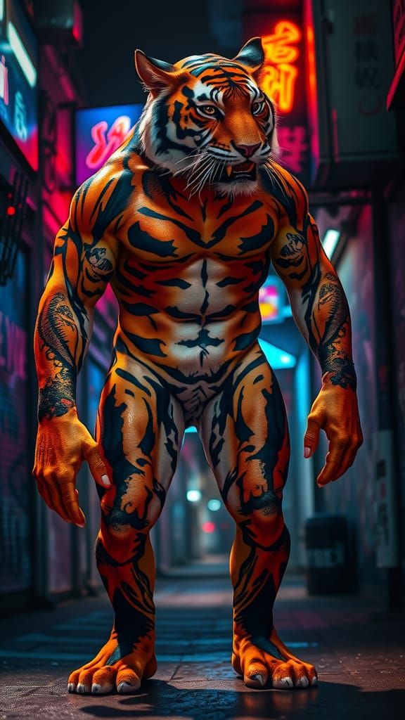 Tiger-Human Hybrid in Neon Alleyway: Digital Matte Painting