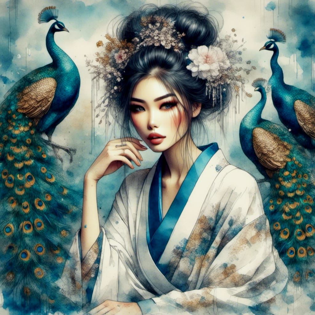 Beautiful Geisha in Silk Robe as Oil Painting