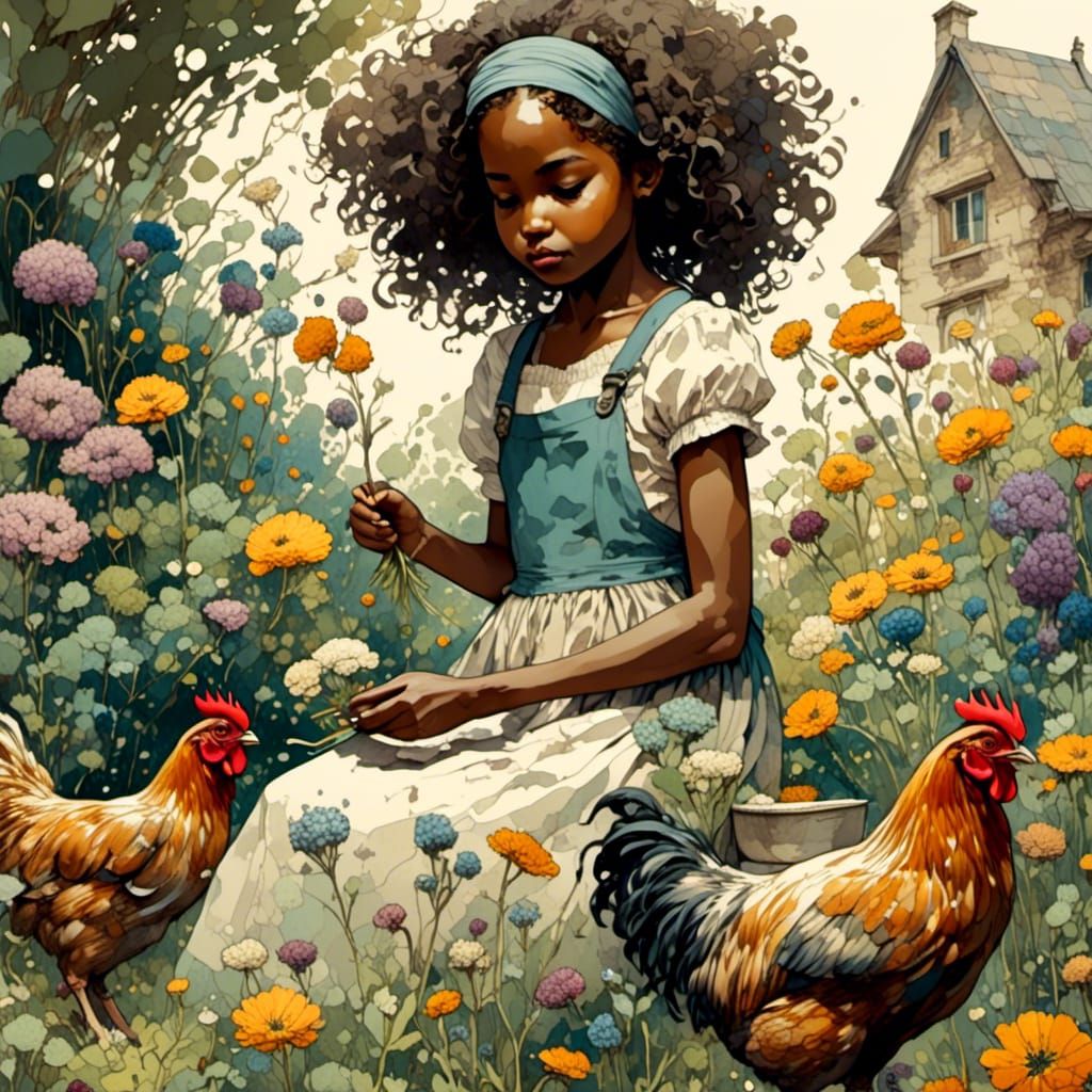 Girl Harvesting Flowers in Impressionistic Garden