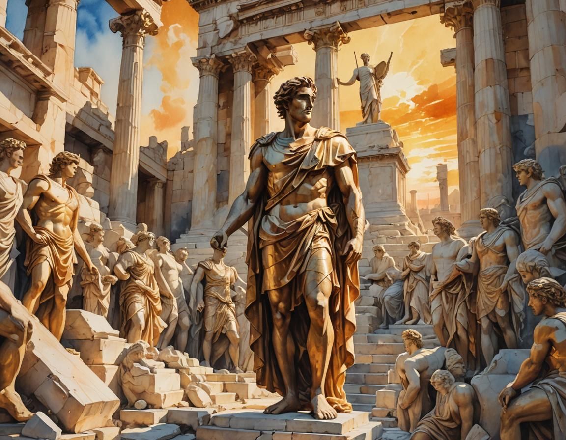 Achilles Amidst Ancient Greek Ruins: Watercolor Art