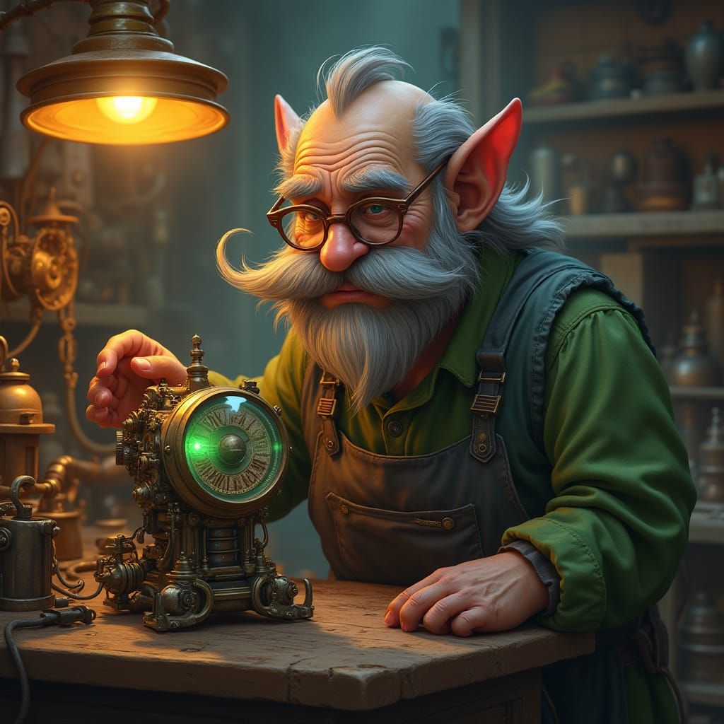 Wise Gnome Inventor in Steampunk Workshop