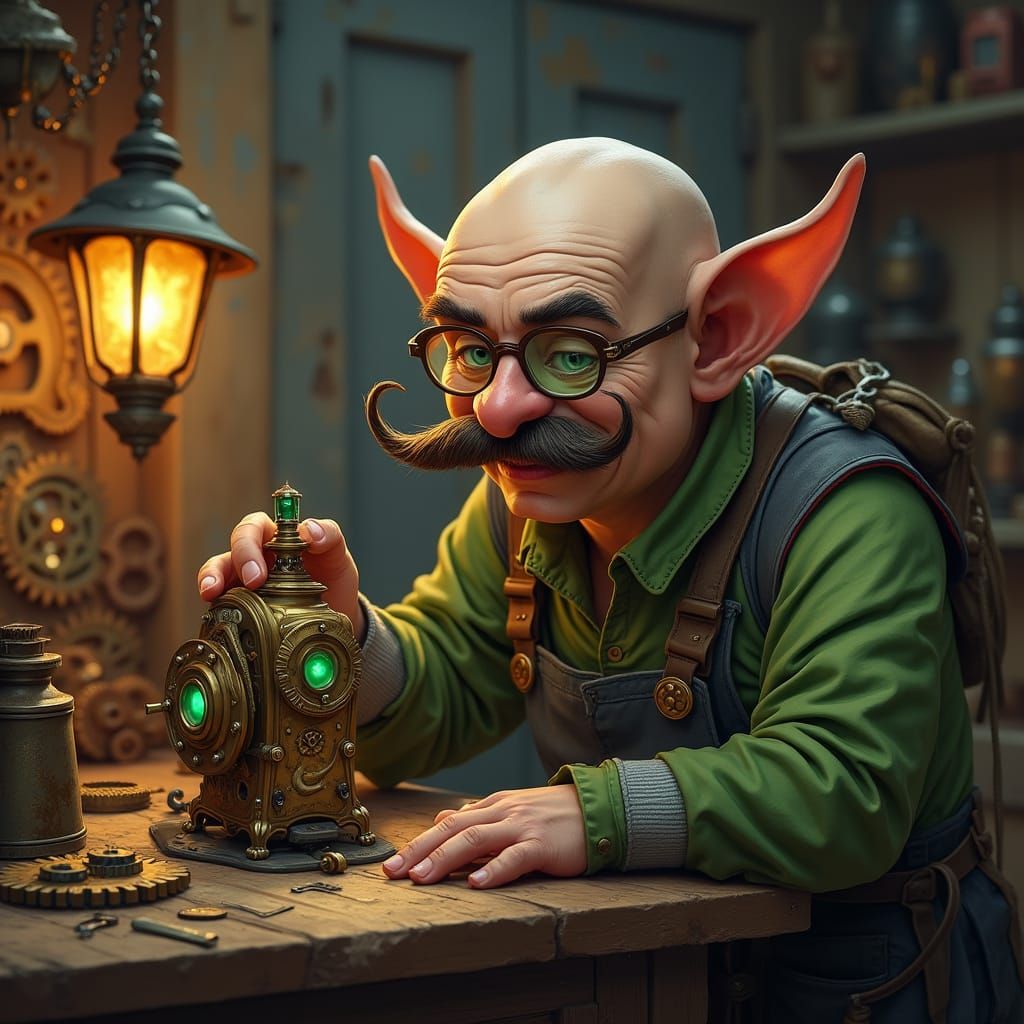 Steampunk Gnome Inventor Crafts Clockwork Companion
