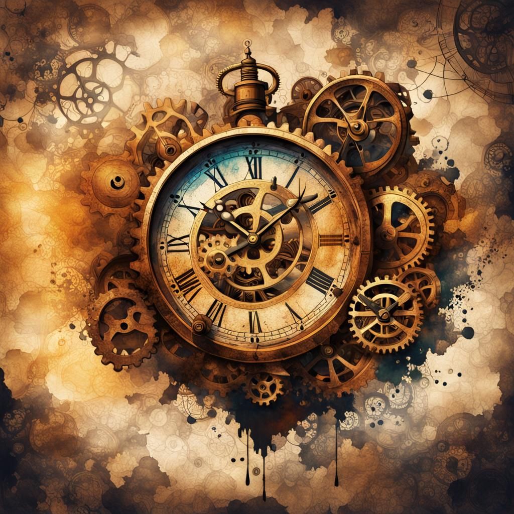 Steampunk Heart Clock Gears in Ink Painting