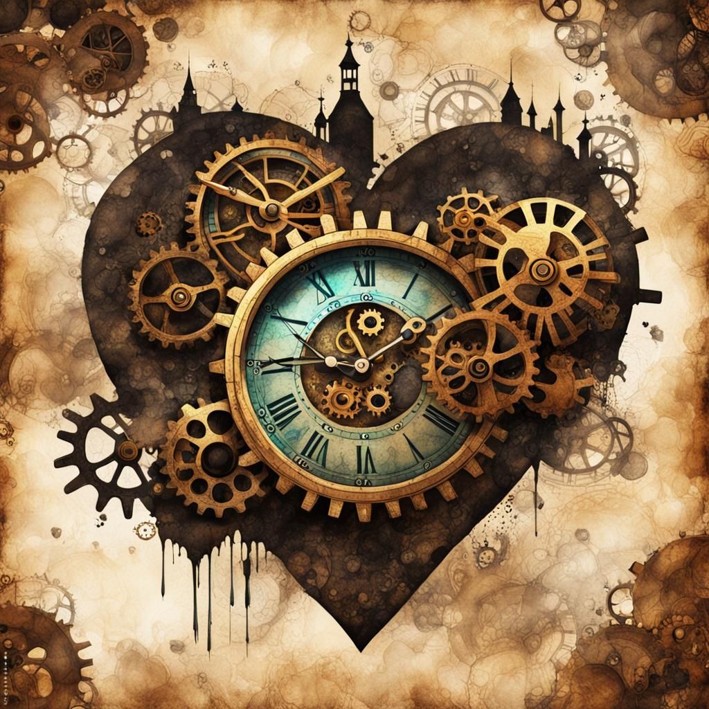 Steampunk Heart Clockwork in Vintage Ink Painting