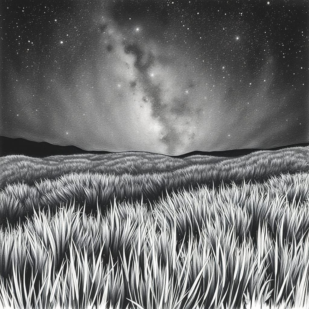 Surreal Nighttime Scene in Detailed Charcoal Drawing