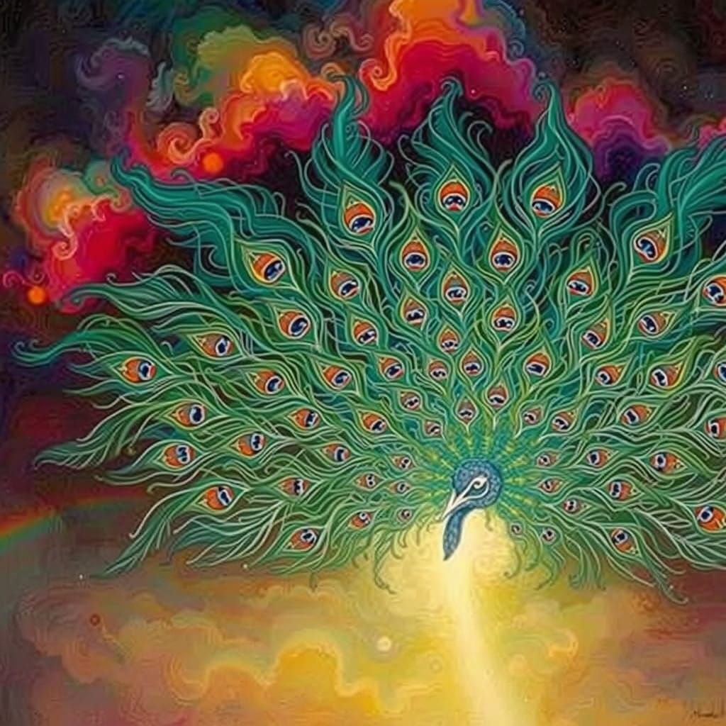 Surrealist Peacock Cloud Soars Over Vibrant Summer Landscape