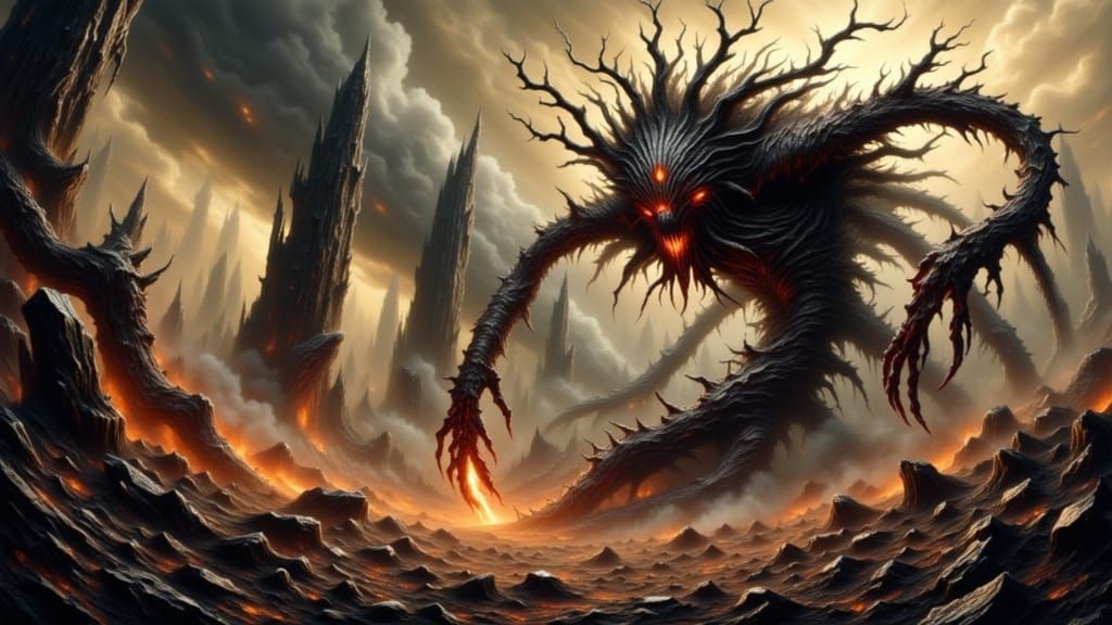 Gothic Biomechanical Monstrosity in Decaying Landscape