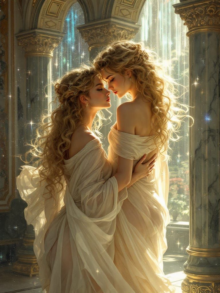 Classical Goddesses with Anime Elegance in Art Nouveau Style