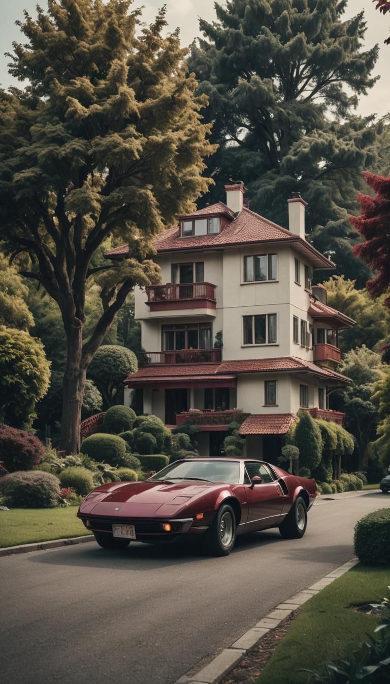 Futuristic Metallic Car Parked Near Elegant House