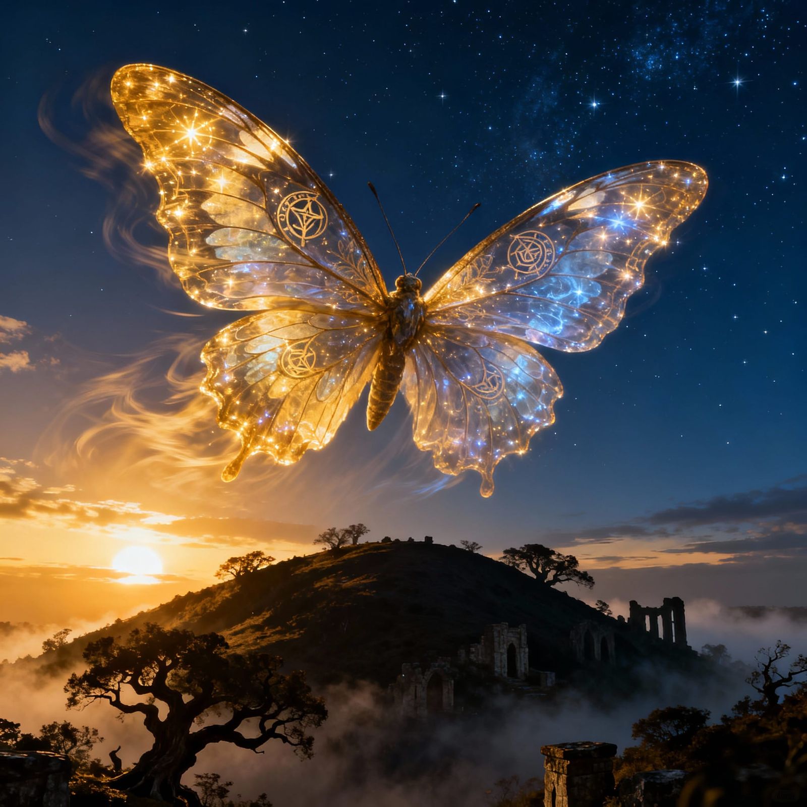 Giant Mystical Butterfly Soars Over Moonlit Hills