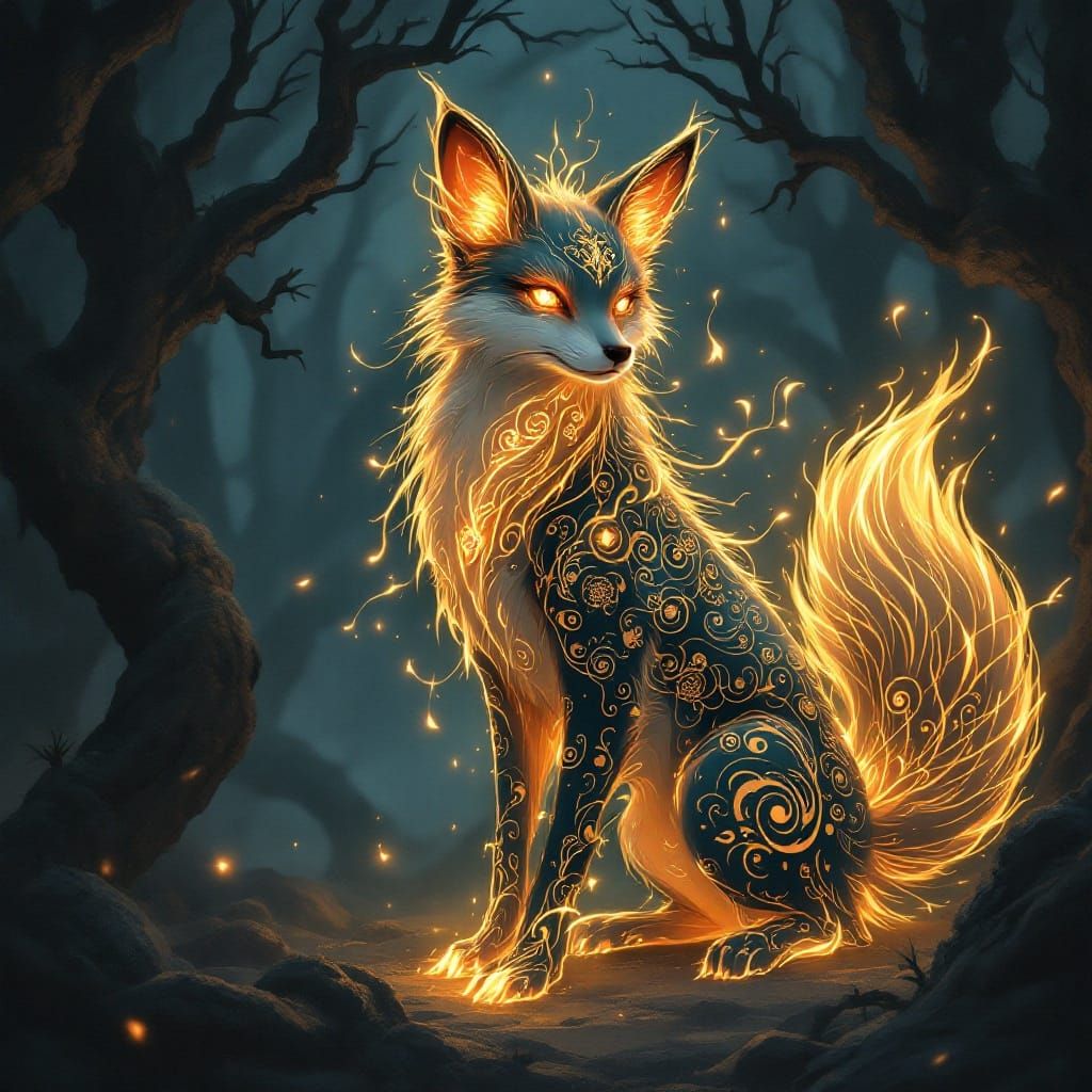 Mystical Fox Spirit in Glowing Forest
