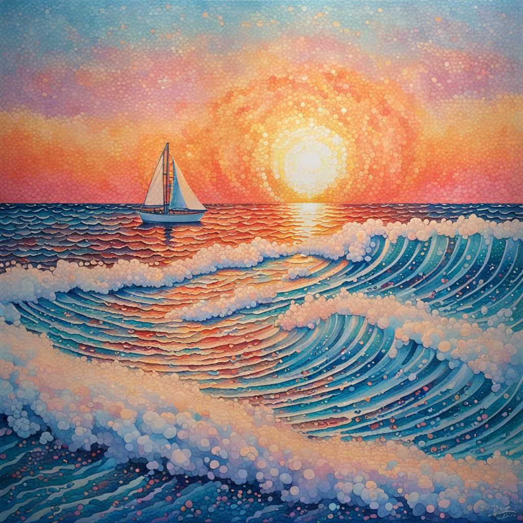 Pointillist Sunset Over the Sea with Sailboat
