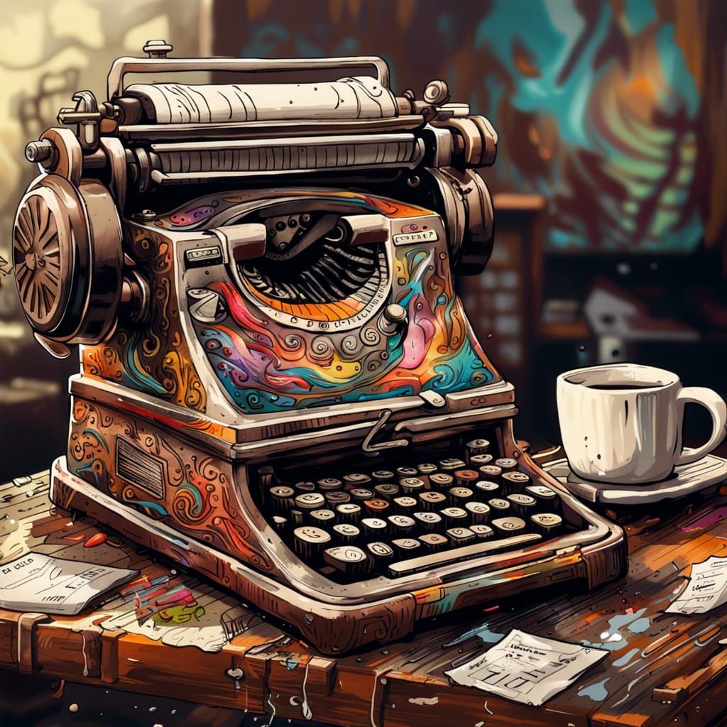 Sepia Still Life with Typewriter in Graffiti Art Style
