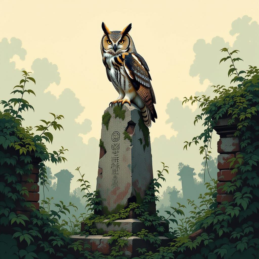 Ancient Owl Obelisk in Mystical Realism Style