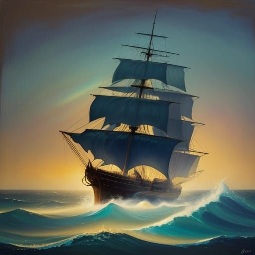 Majestic Ship on Surreal Midnight Sea, Oil Painting