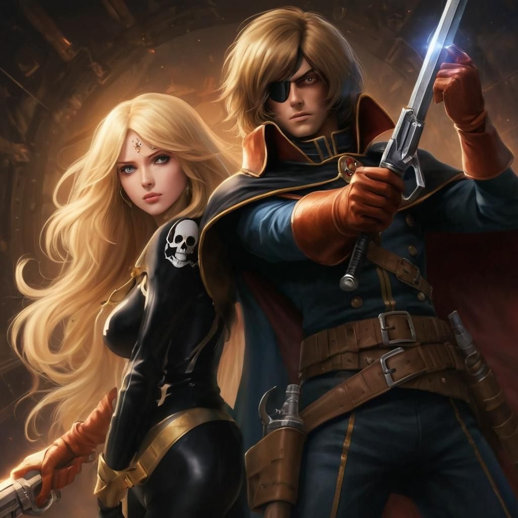 Space Pirates Emeraldas and Harlock in Dynamic Fight