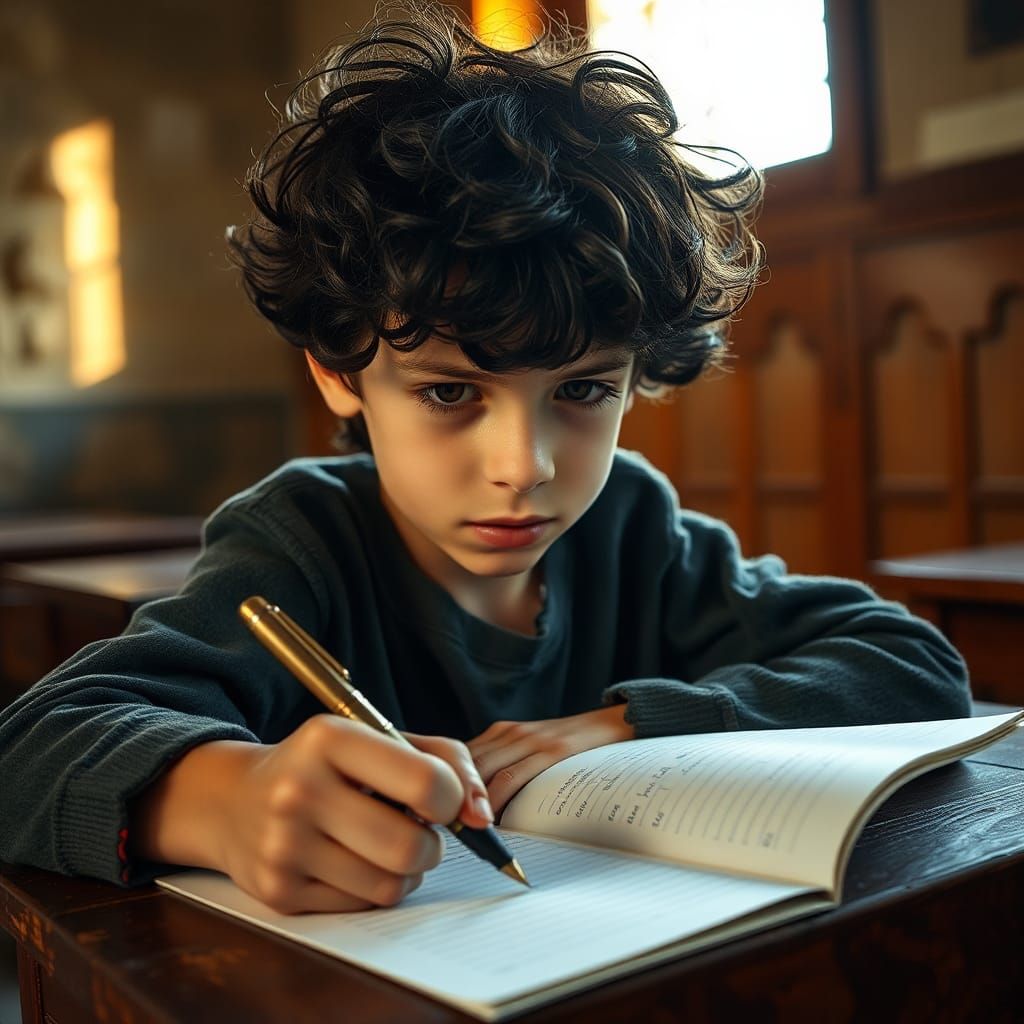Focused Young Boy Writes with Fountain Pen