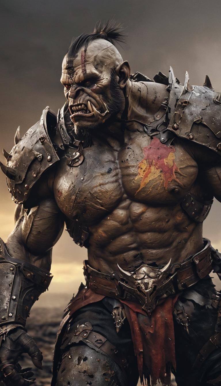 Orc Warrior in Desolate Wasteland, Hyperrealistic Concept Ar...