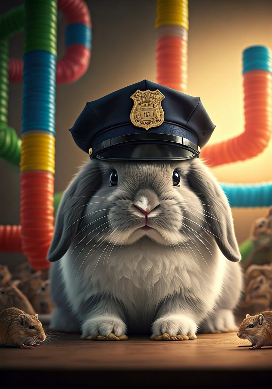 Majestic Gray Bunny Policing a Vibrant Gerbil Metropolis