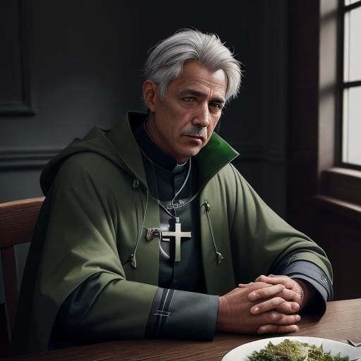 Clergyman in Green Coat Sitting in Dining Room