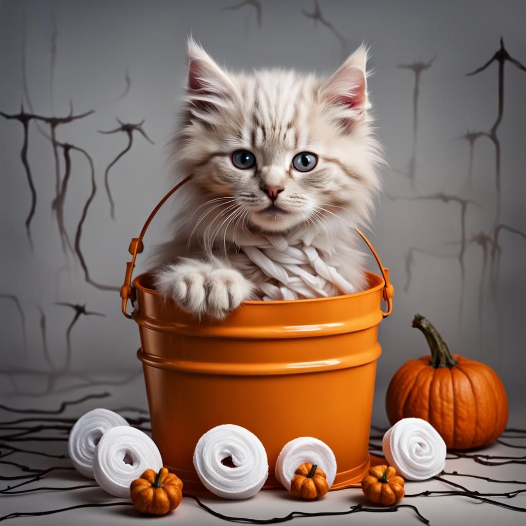 Halloween Kitten Mummy Portrait in Spooky Setting