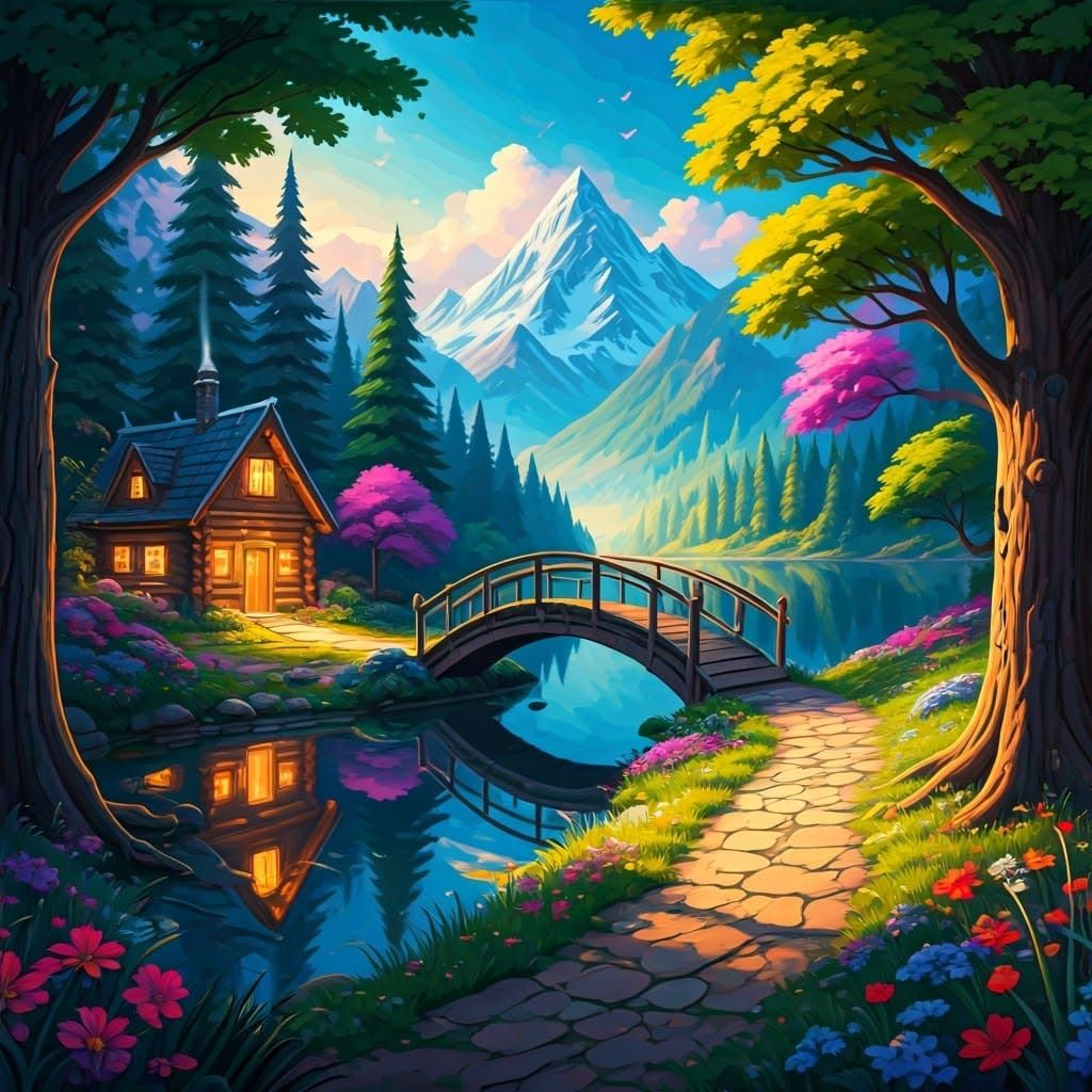 Dreamlike Landscape with Vibrant Lake and Whimsical Cabin