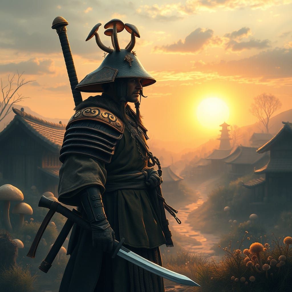 Mystical Mushroom Ronin in Whimsical Landscape