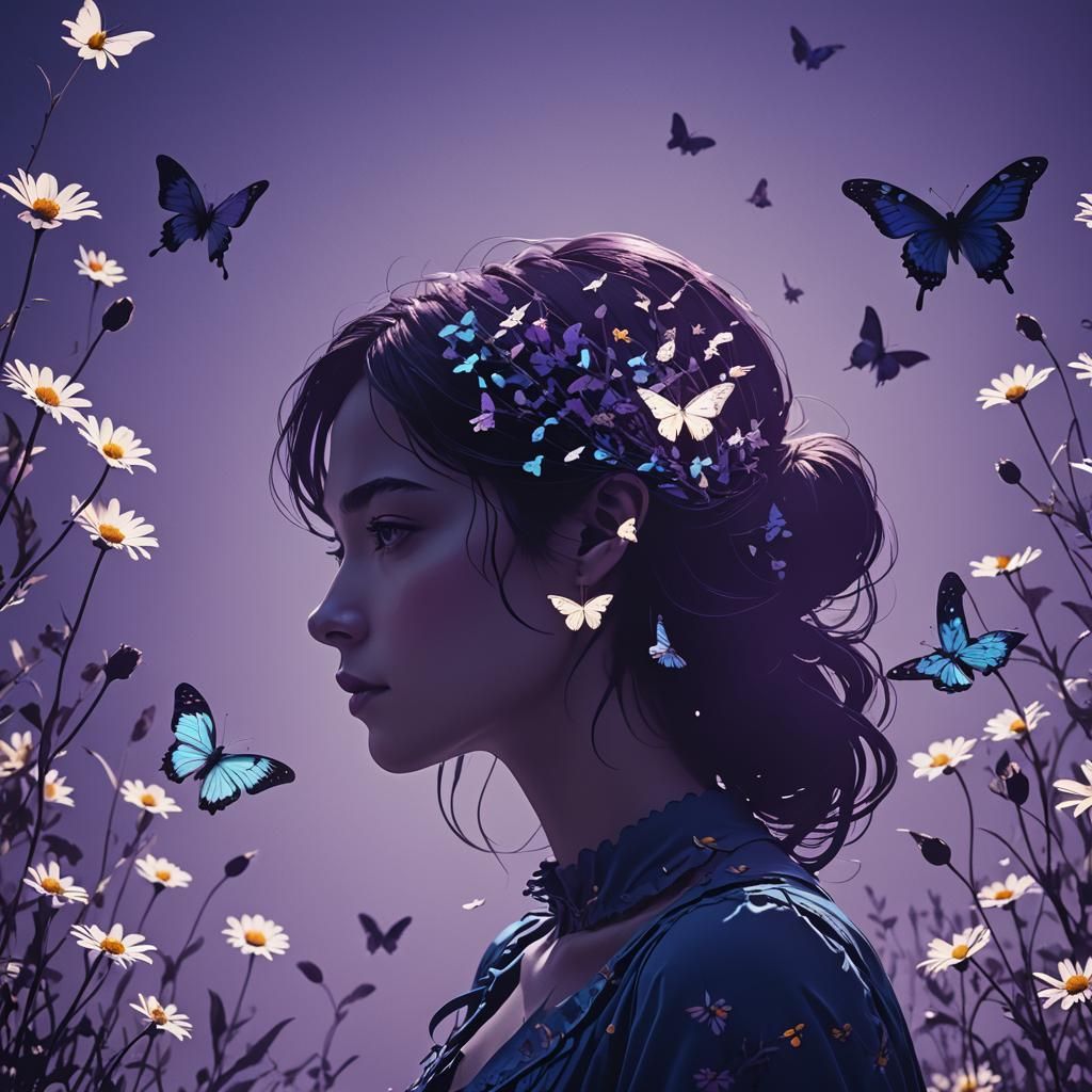 Woman Silhouette with Butterflies and Daisies