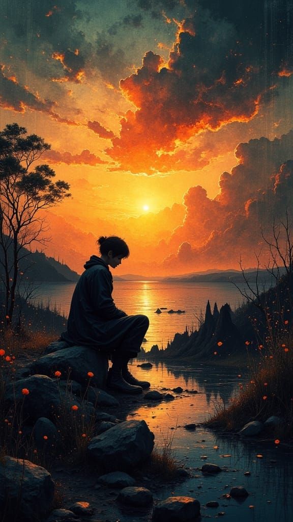 Dramatic Sunset Despondency in Abstract Oil Style