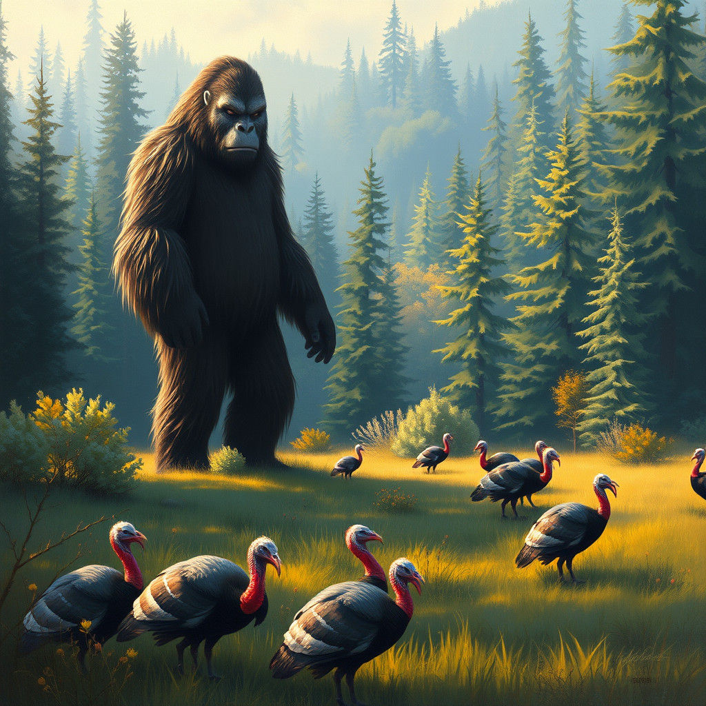 Mystical Bigfoot Overlooks Forest Meadow with Turkeys
