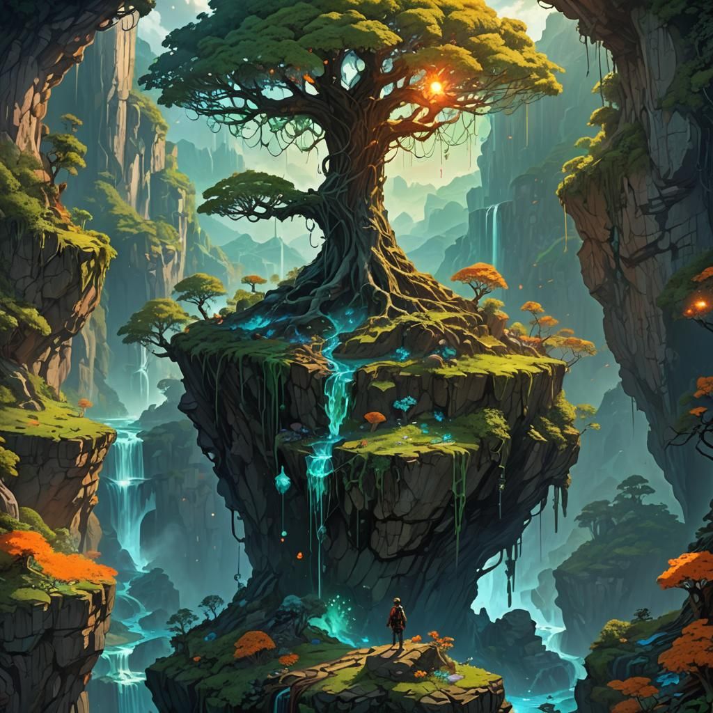 Epic Fantasy Tree with Glowing Crystal
