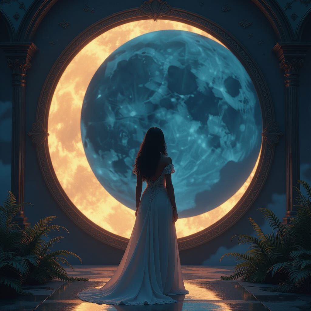 Woman Confronts Internal Lunar Cycle in Fantasy Matte Painti...