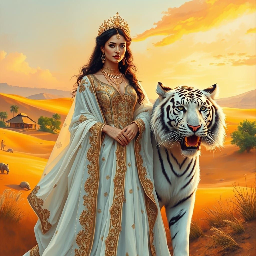 Regal Lady Surrounded by Desert Landscape and Majestic White...