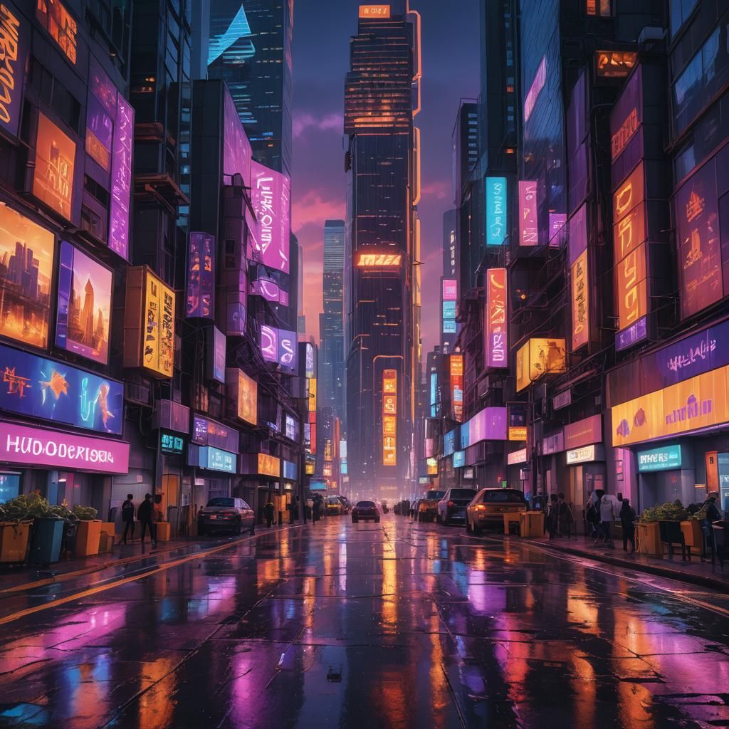 Vibrant Cyberpunk Cityscape at Dusk
