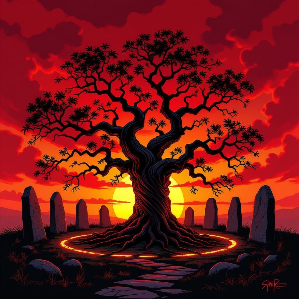 Ancient Oak Tree Silhouette with Standing Stones in Dark Fan...