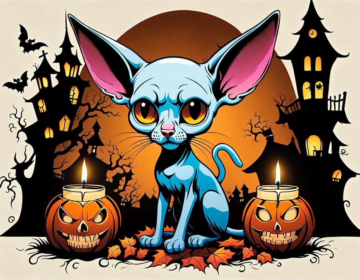 Halloween Sphynx Cat in Whimsical Airbrush Art