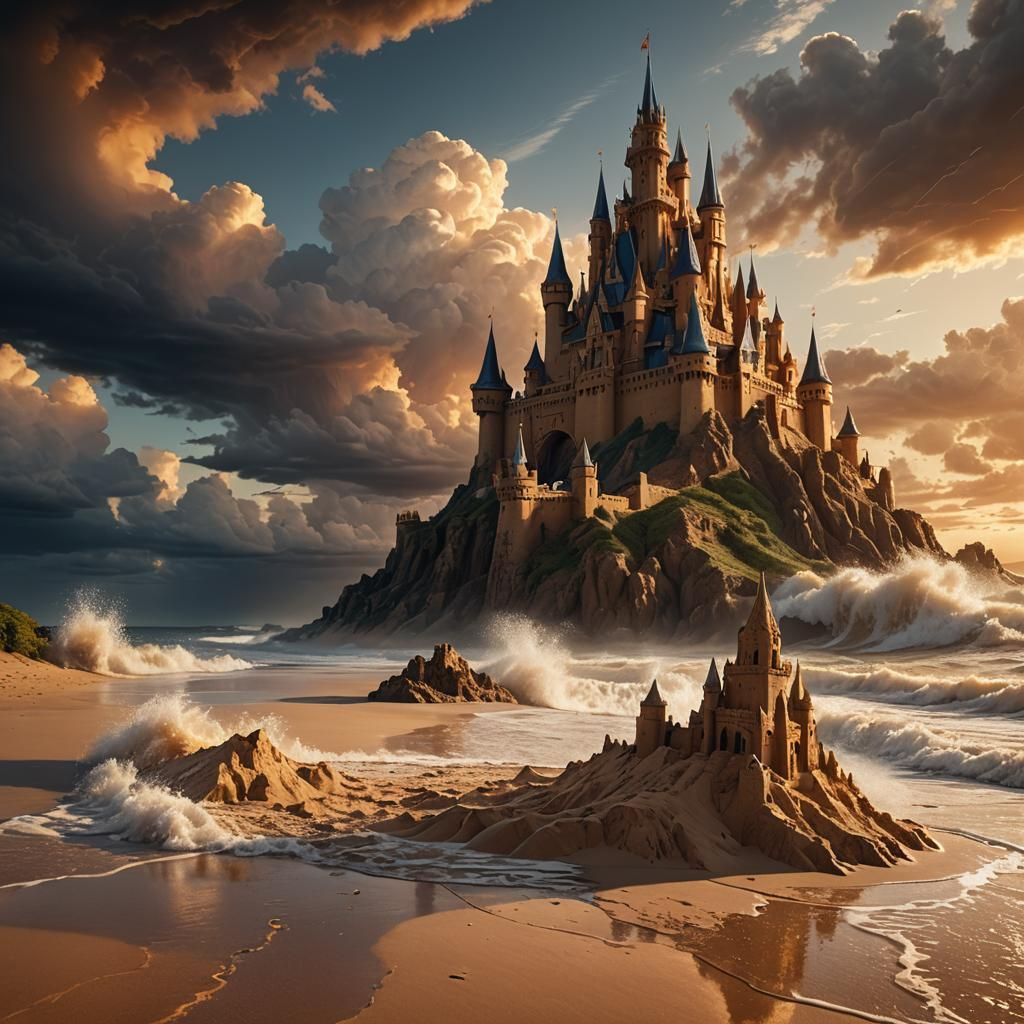 Dramatic Sand Castle on Beach at Sunset