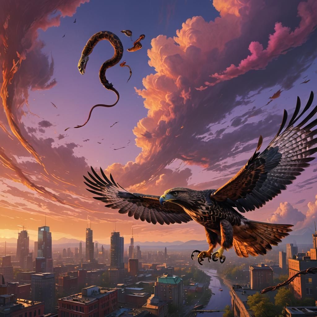 Hawk in Flight with Snake, Matte Painting