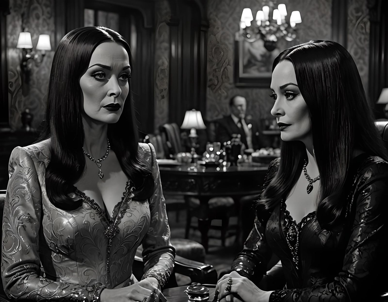 Morticia Addams in Living Room, Black and White Photorealism