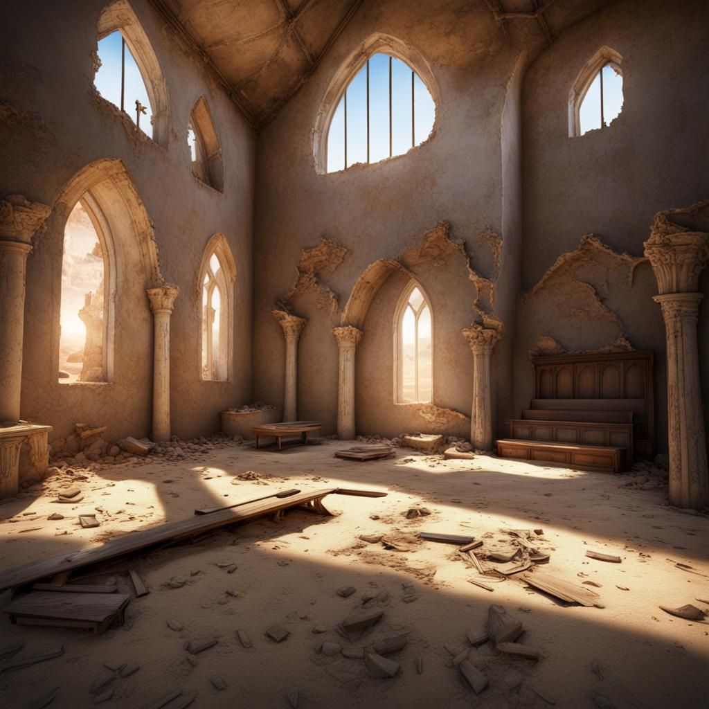 Abandoned Desert Church Interior in Photorealistic Style