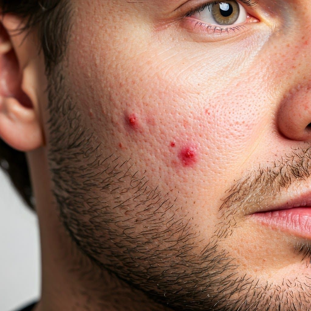 Red Acne Button on a Man's Cheek in a Realistic Portrait