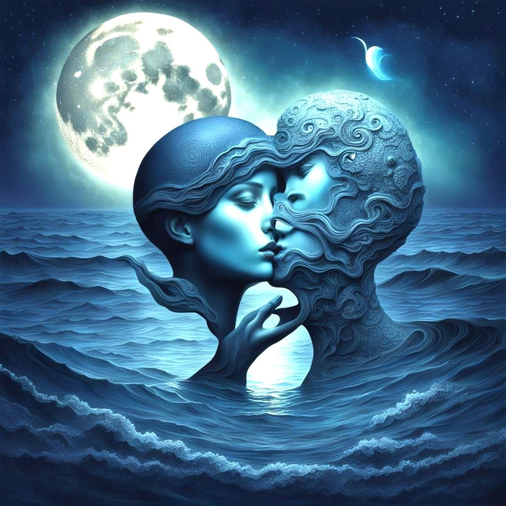 Surreal Kiss Between Moon and Sea