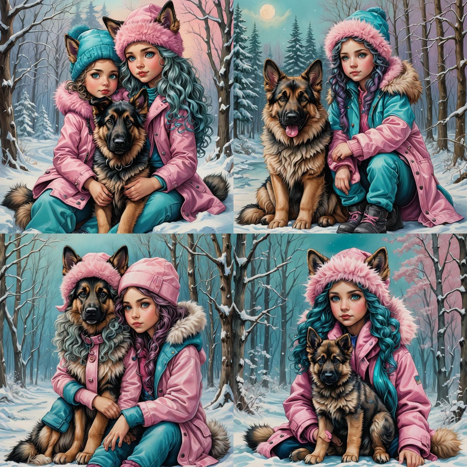 Little Girls in Winter with German Shepherd