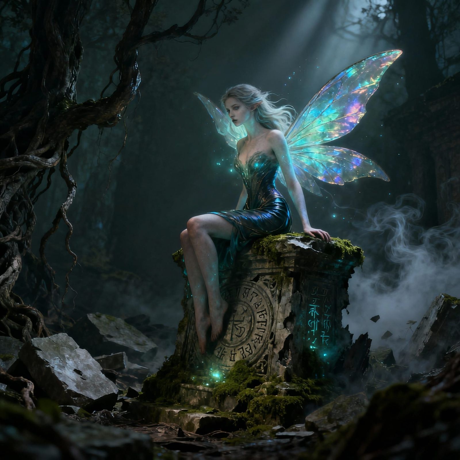 Mystical Fairy on Ancient Relic in Dark Fantasy Scene