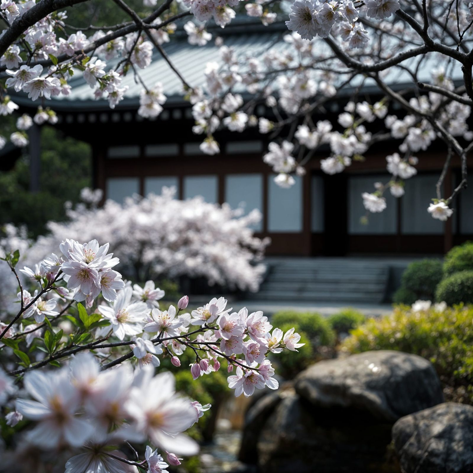 Hyperrealistic Spring Japanese Garden with Falling Cherry Bl...