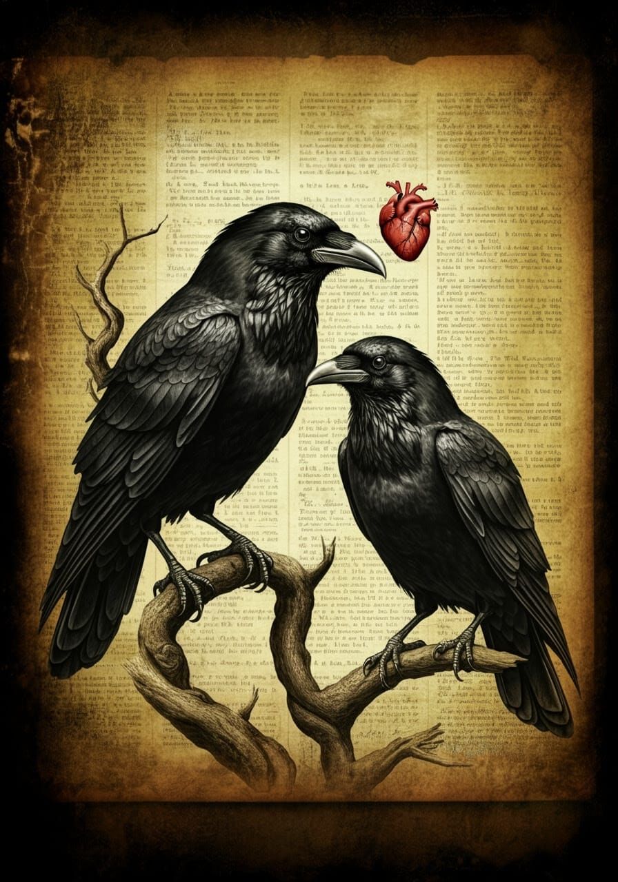 Mystical Dreamscapes: Crows Perch on Twisted Branch Amidst V...