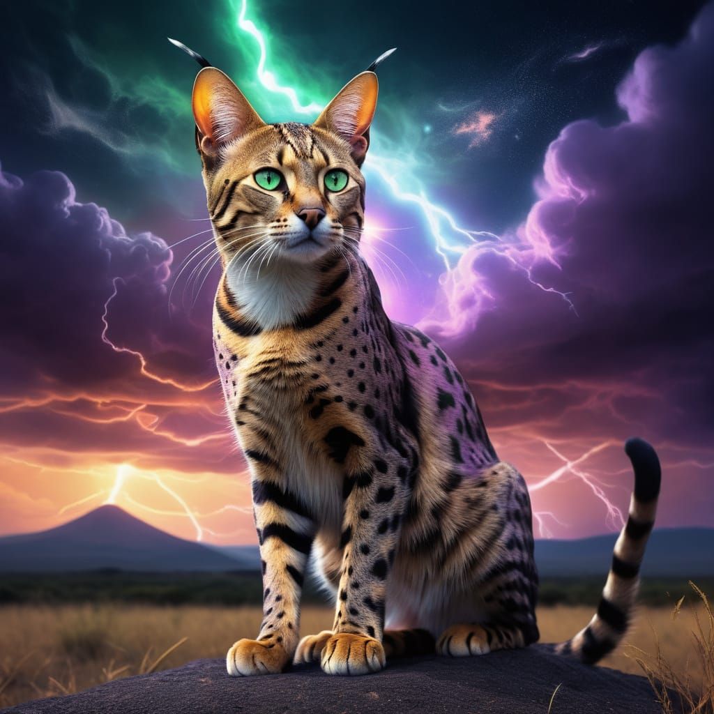 Savannah Cat Amidst Cosmic Savannah With Lightning